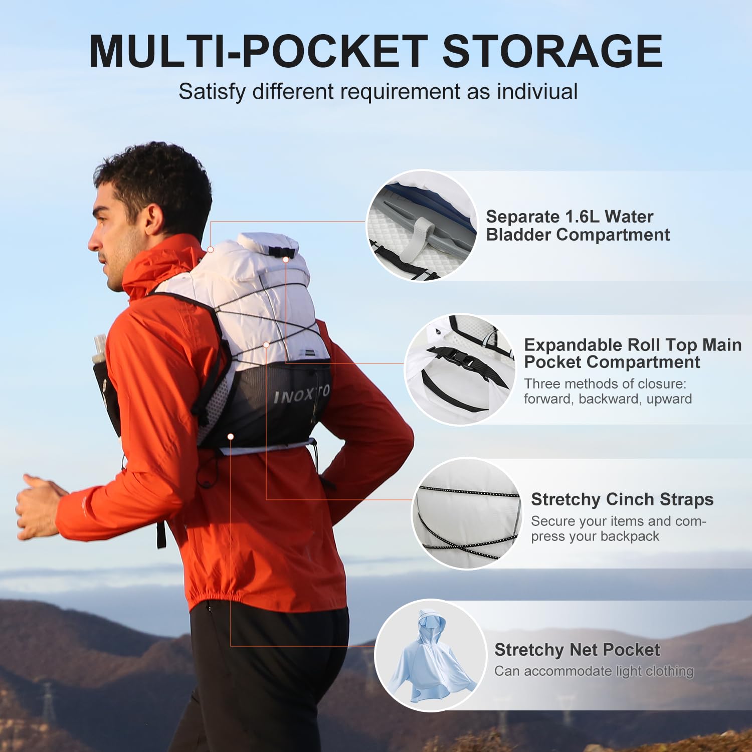 IX INOXTO Zaino da corsa con sacca d'acqua da 1,6 l, per donne e uomini, regolabile, per trail running, escursionismo, ciclismo, maratona