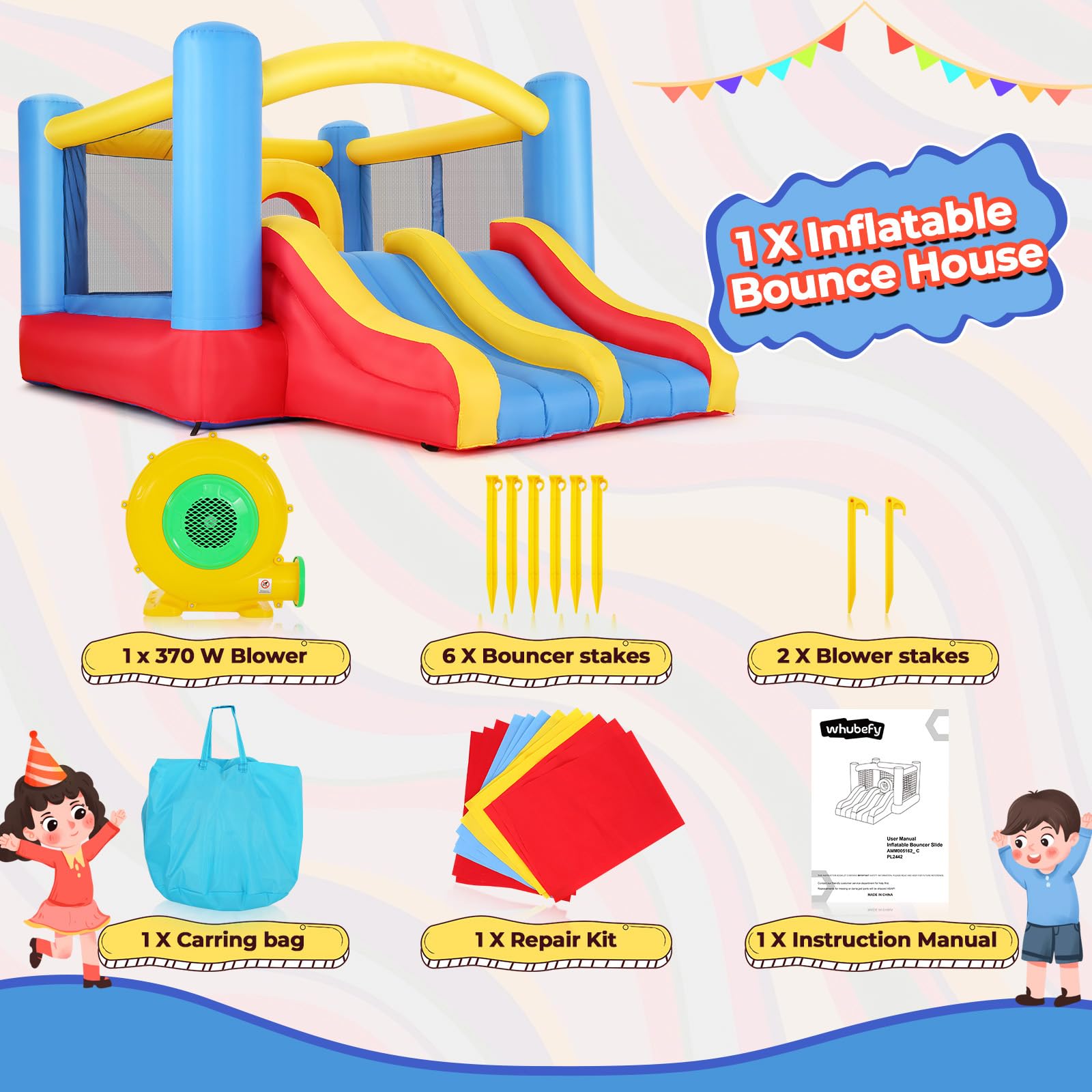 Castello gonfiabile per bambini dai 3 ai 12 anni, 3,65 x 2,75 m, per interni ed esterni, con doppio scivolo e ventola, grande castello saltatore con pneumatici centrali per il giardino