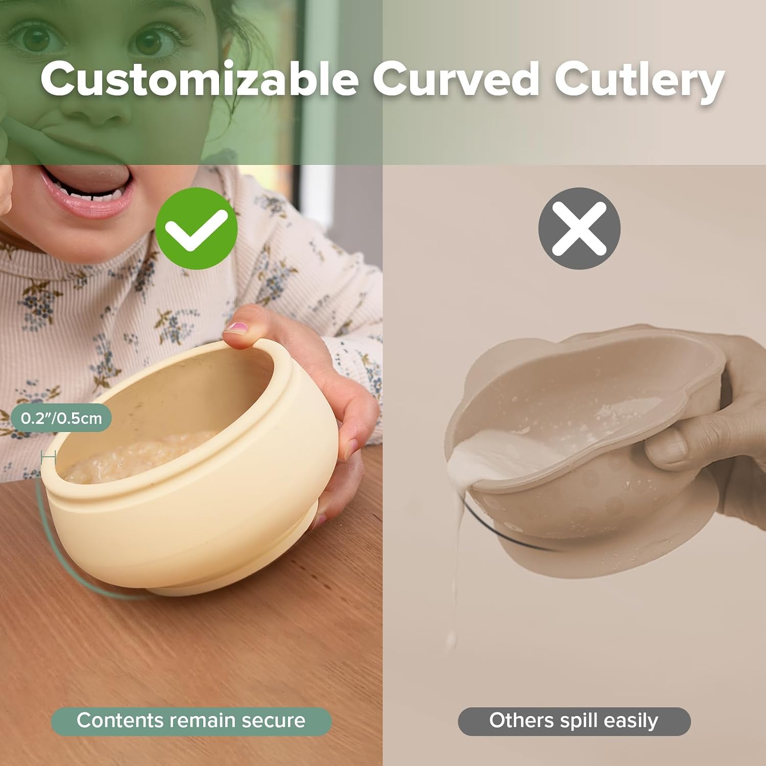 haakaa Silicone Mushroom Bowl & Bendy Cutlery Set – Baby Bowls with Suction & Spillproof Lid, Baby Spoons & Forks for Self Feeding, BPA-Free - Walnut