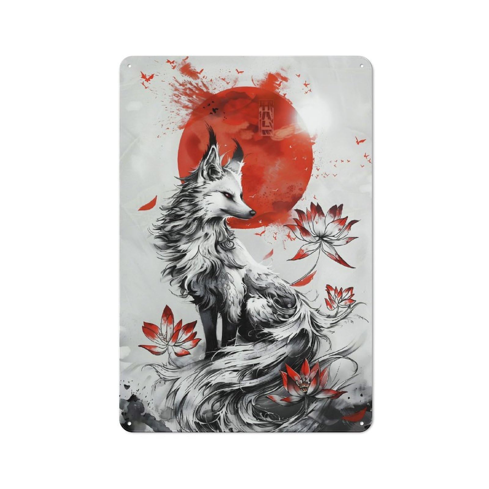Junmoney Style-1 Kitsune Japanese Fox Rustic Metal Plaque 30X20cm For Café Or Restaurant, Wall Decor For People Reorganising Café And Restaurant