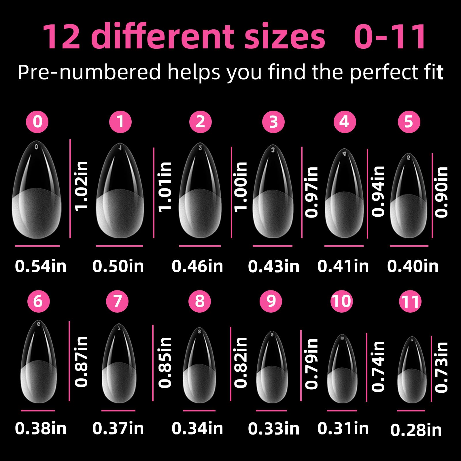 12 Sizes 504 Pcs Acrylic Nail Tips: Teardrop Almond Shape Poly Gel Nail Kit - Full Cover Nail Tips - Natural Curve Shape - DIY Nails & Salon Use