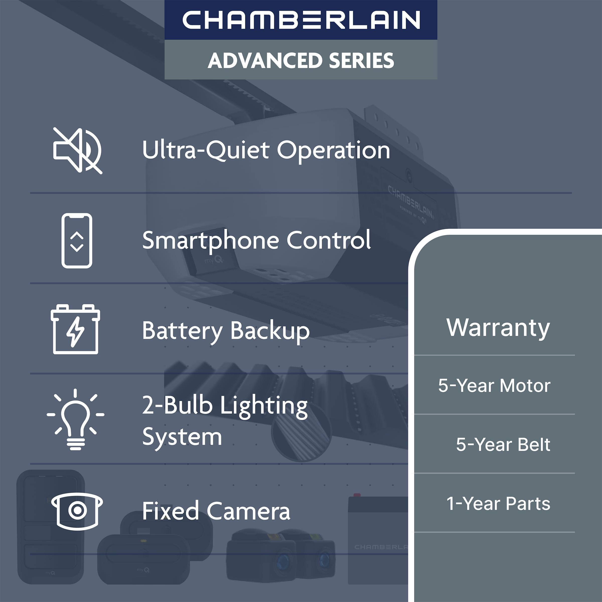 Chamberlain - Ouvre-porte de garage intelligent avec caméra fixe, batterie de secours, éclairage à 2 ampoules et connectivité myQ