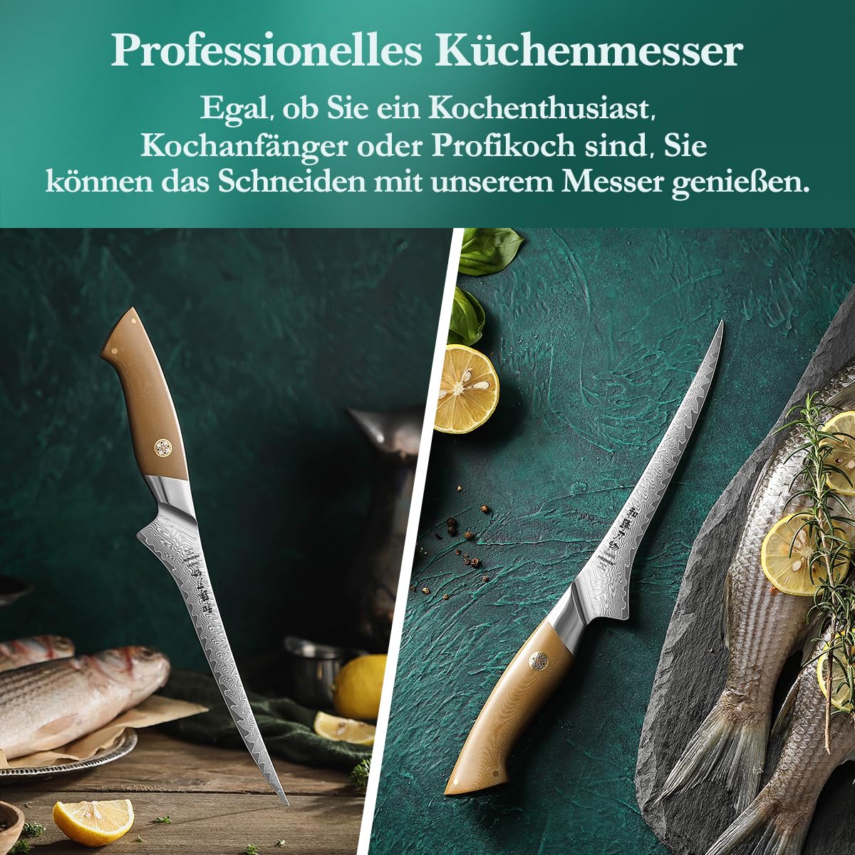 HEZHEN Damaststahl Filetiermesser, Professionelles Fischmesser, Damast Ausbeinmesser Profi, Full Tang Griff aus Leinen Micarta