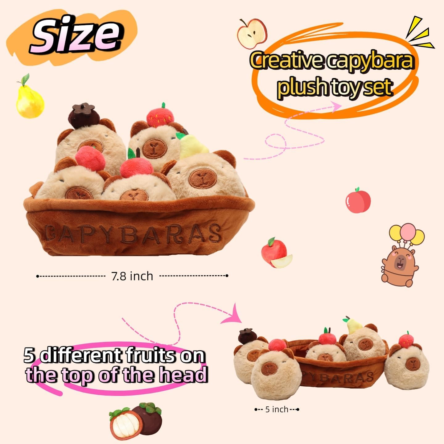 Capybara Plush Toy Set with Fruit, 5pcs Cute Capybaras Stuffed Animal in Basket, 7.87in Interactive Plush Animals, Soft Kawaii Gifts for Kids & Friends – Birthday, Christmas, Holiday Decor