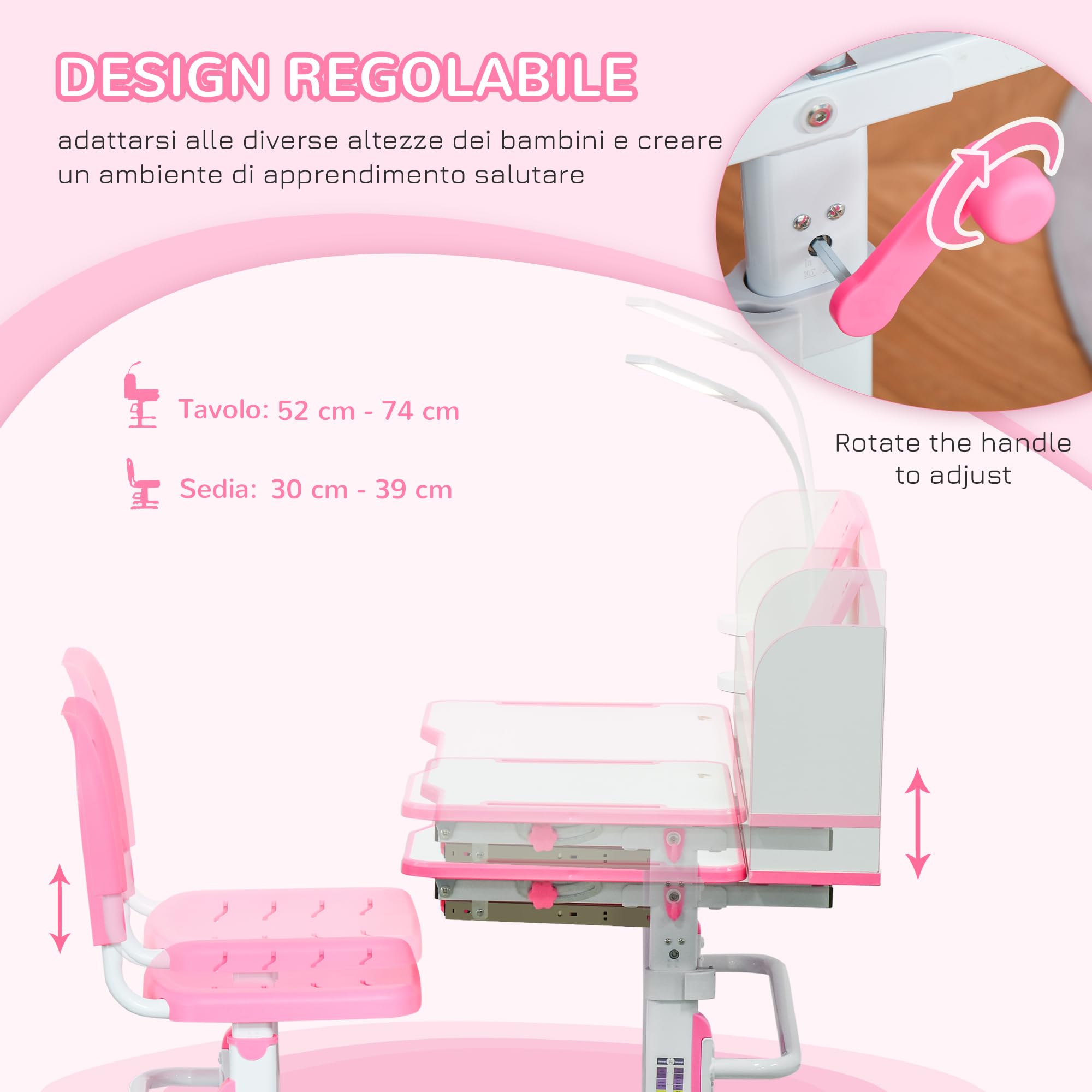 HOMCOM Set Scrivania e Sedia per Bambini 6-12 Anni Regolabili in Altezza, Banco Scuola con Piano Inclinabile 45°, Lampada, Cassetto, Scaffale, Portapenne e Leggio, in Acciaio e MDF, Rosa
