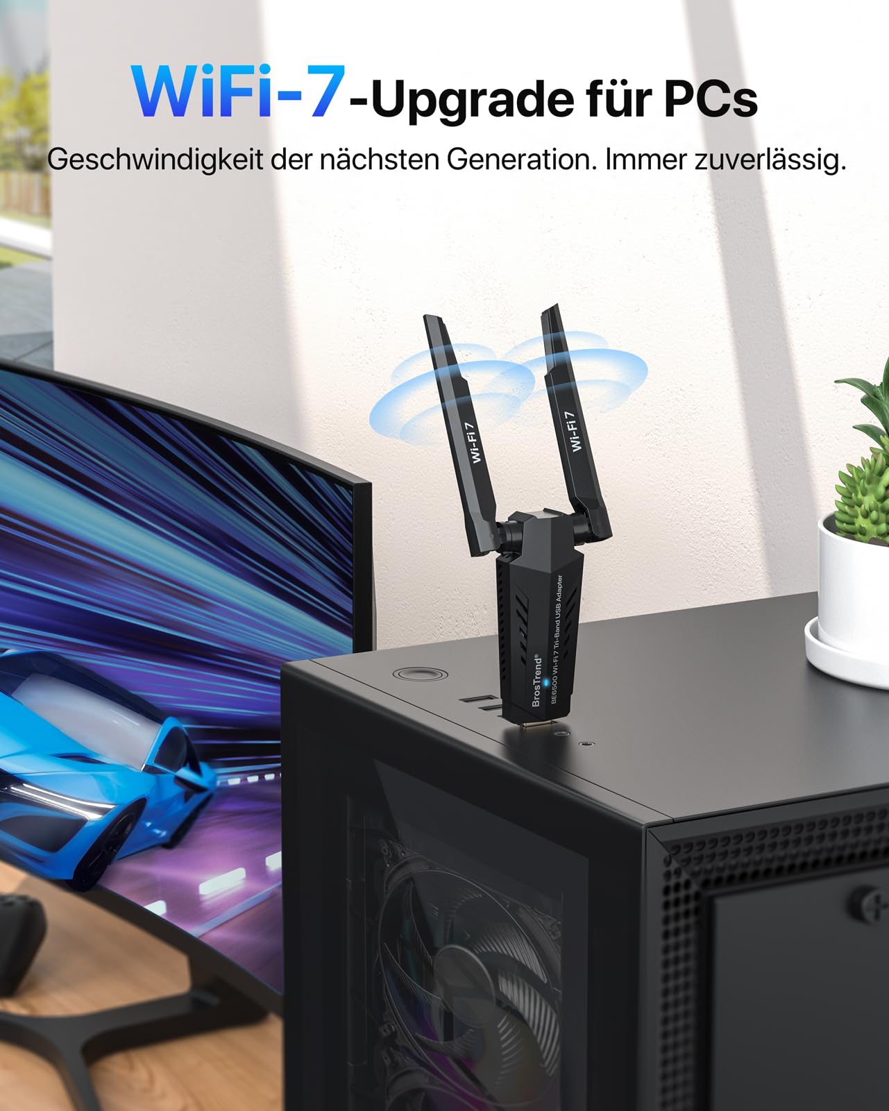 BrosTrend WiFi 7 BE6500 USB WLAN Stick für Windows 11/10 Hohe Reichweite | Tri-Band 6GHz / 5GHz / 2,4GHz WLAN USB Adapter für PC, Geringe Latenz für Gaming, 4K-QAM, WPA3, OFDMA, Integrierter Treiber