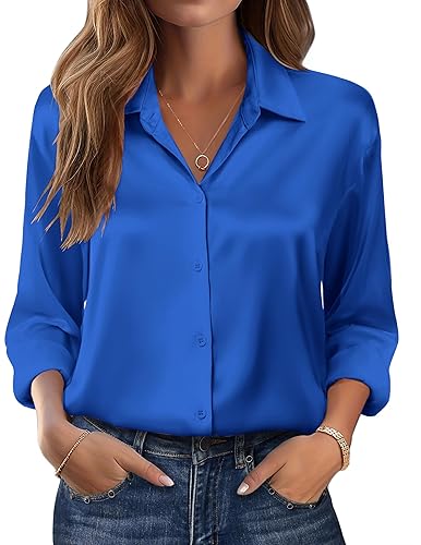 Zeagoo Womens Tops Long Sleeve Satin Silk Button Down Shirts