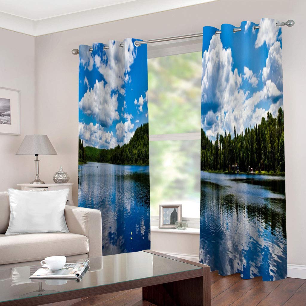 Rideaux Et Draperies Intérieurs 3D Ciel Bleu Nuage Blanc Vue Lac Motif Rideau Occultant À Oeillets Decoration Salon Chambre Maison pour Enfant Adulte 2 Pièces 280x160Cm Design Moderne Imprimé
