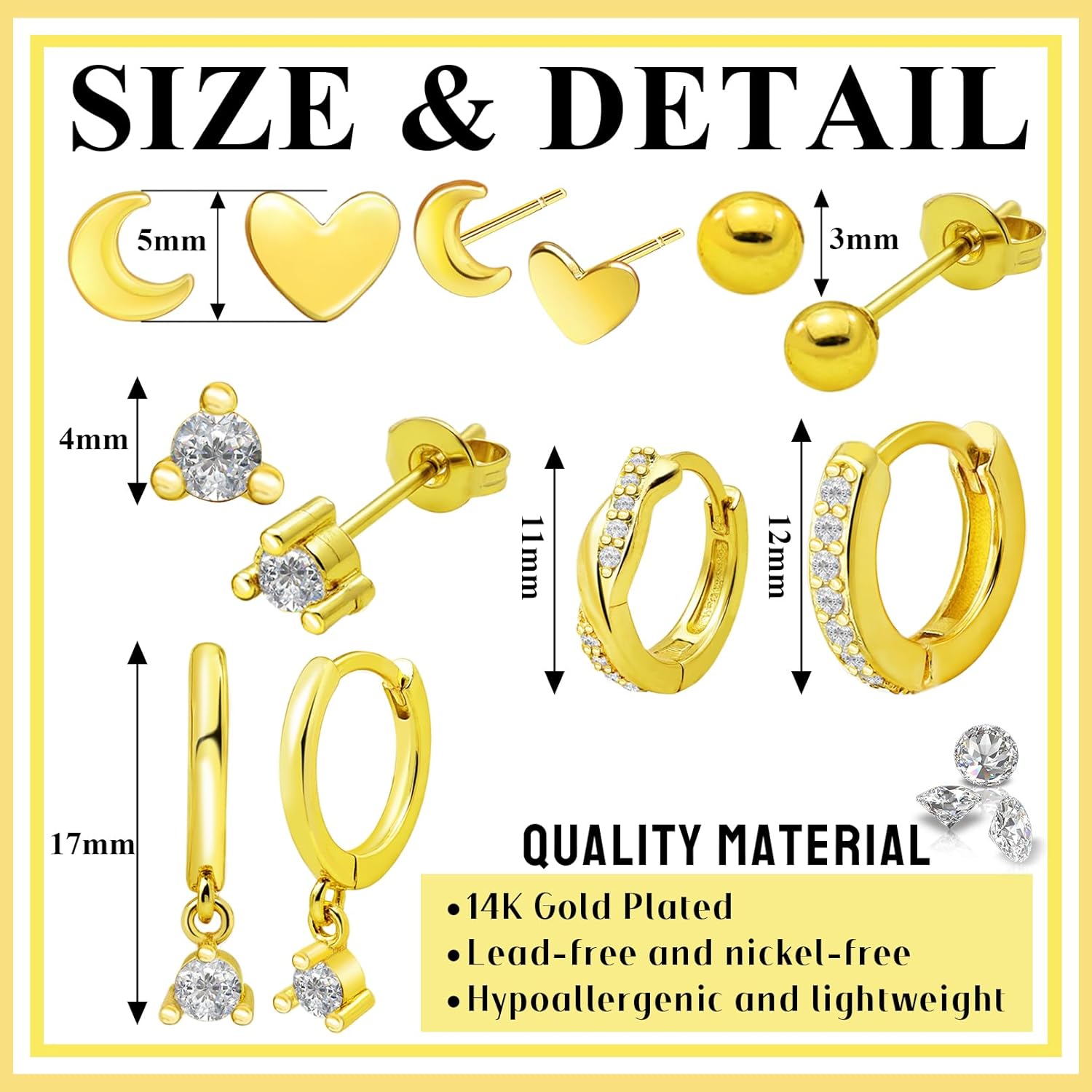 7 Pairs 14K Gold Plated Huggie Hoop Stud Earrings for Women, Twisted CZ Chunky Hoop Earring Mini Heart Moon Cartilage Studs for Multiple Piercing Stainless Steel Stacks Trendy Jewelry Set - Image 7