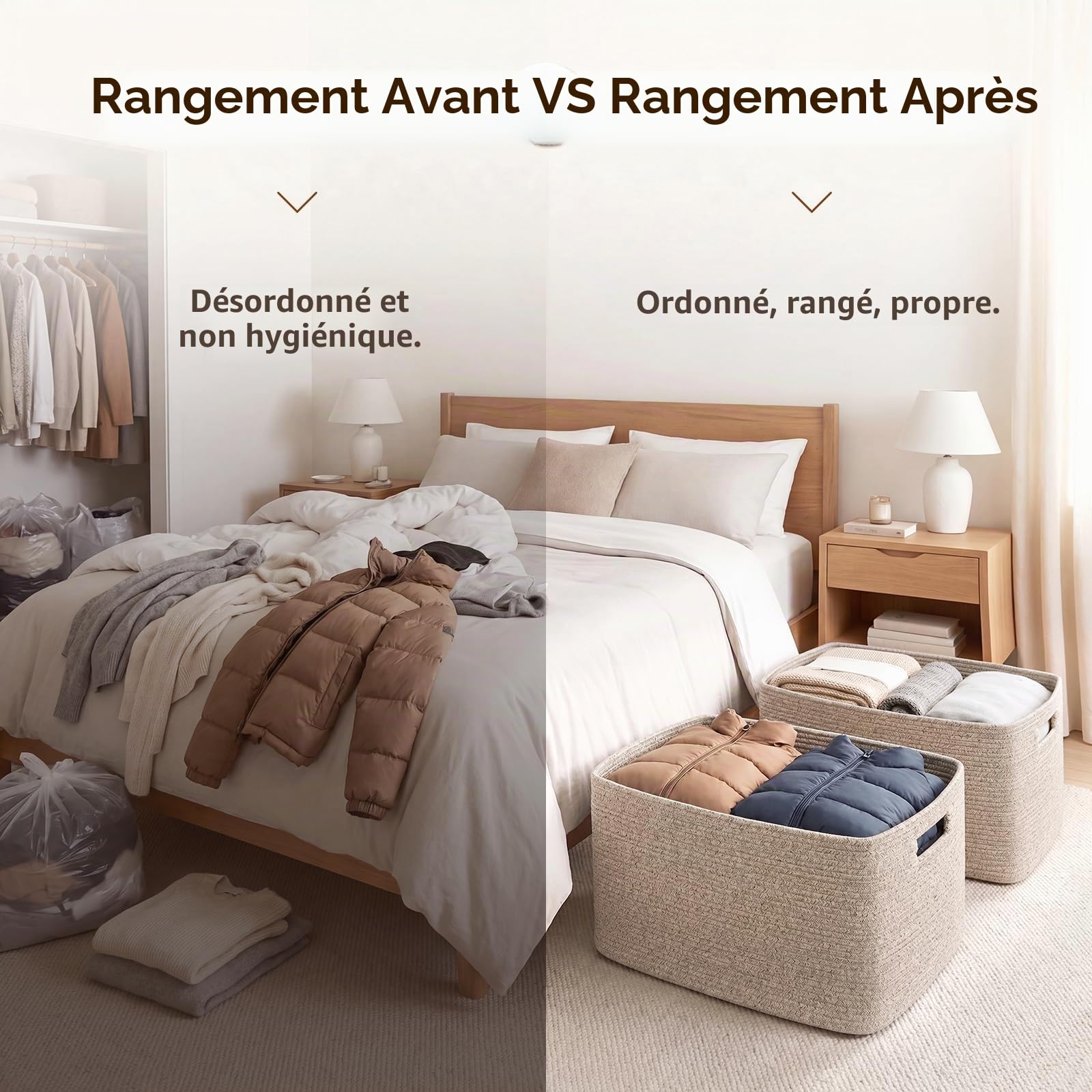 OIAHOMY Grand panier de rangement de couverture tissé avec poignée, panier en corde de coton pour organiser 55,9 x 43,2 x 30,5 cm, panier à couvertures, salon, panier à jouets pour chambre d'enfant