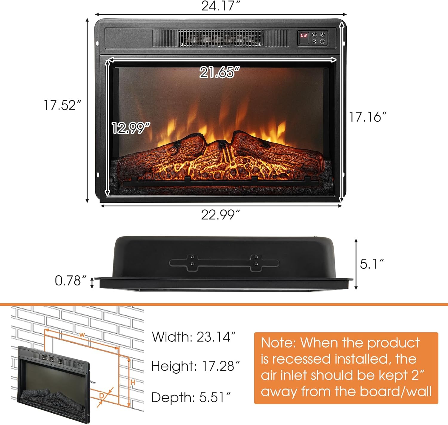 GOFLAME 23-Inch Electric Fireplace Insert, 1400W Recessed Fireplace Heater with Remote Control, Thermostat, 3 Flame Brightness, 6H Timer, Overheat Protection, Freestanding Fireplace for Living Room