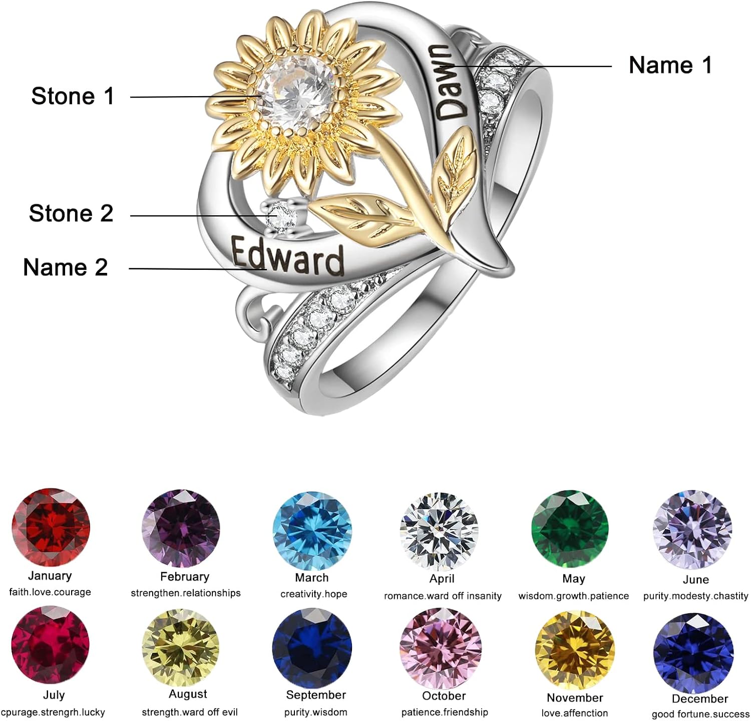 10K/14K/18K Gold Personalized Sunflower Rings with 1-5 Birthstone Customized Engraved Name Sunflower Birthstone Ring for Birthday, Anniversary, Thanksgiving, Graduation Gemstone Jewelry Gift for Mom, Friend, Family, Wife