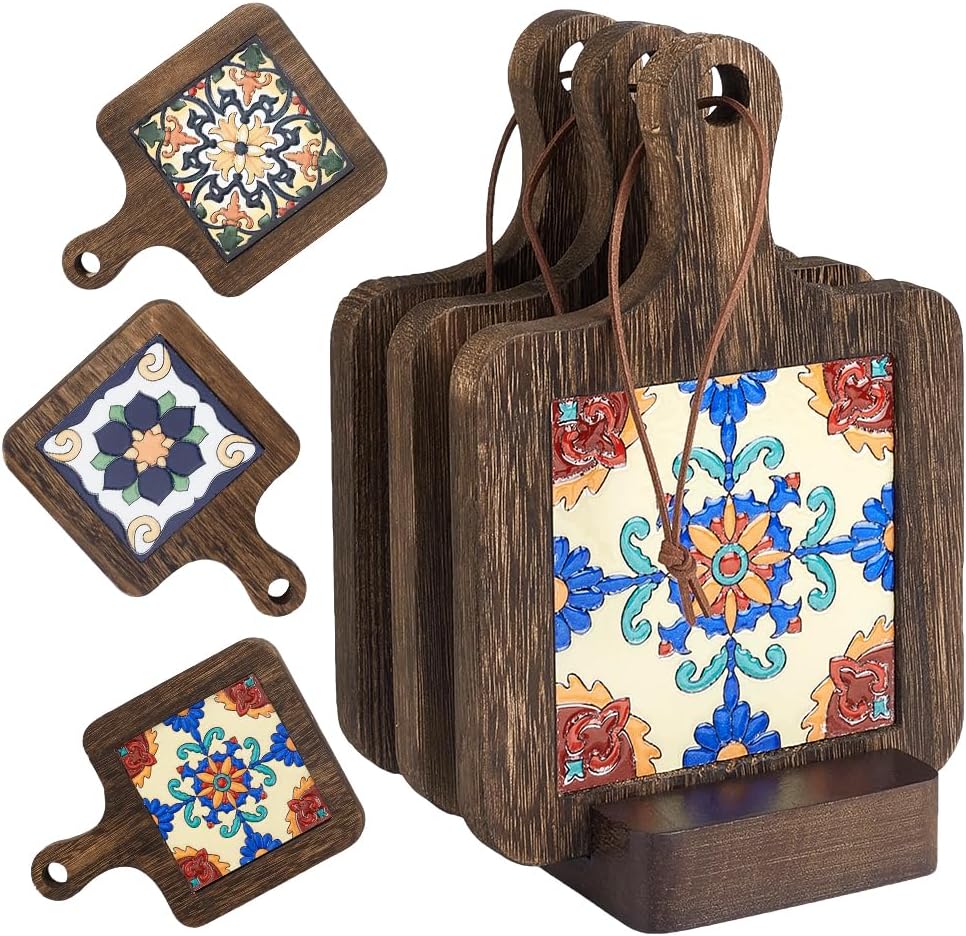 3pcs Vintage Wood Trivets for Hot Dishes Kitchen Trivet Set with Holder and Cord Square with Flower Coasters for Countertop Protection Heat Resistant Trivets for Hot Pots and Pans