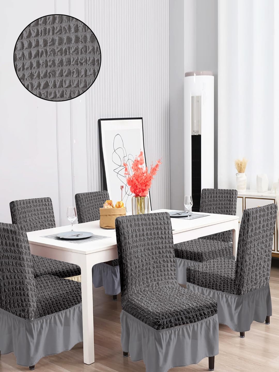 Cortina Dining Chair Slipcovers with Skirt|Pack of 6|Protection Chair Covers|Removable, Washable|Universal Fit Super Soft Stretchy Polyester Spandex|Living Room, Kitchen, Party|Stripped|Dark Grey-image-10