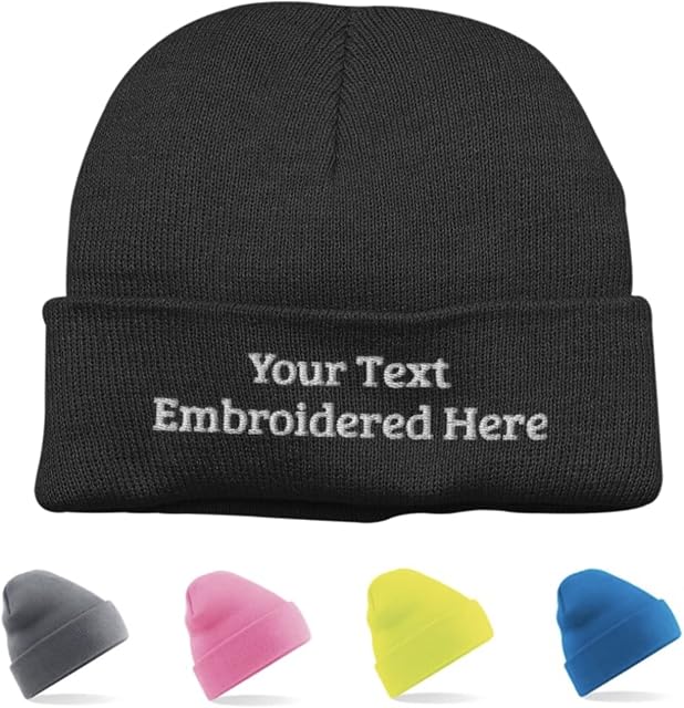 Personalised Beanie Embroidered with Your Text - Same Day Dispatch - Unisex for Adult Men or Women Cuffed with Double Layer Knit Black