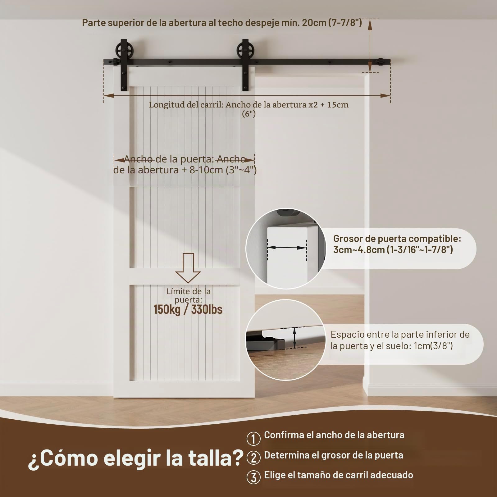 Herrajes Puertas Correderas 153cm Rieles Kit Puerta Corredera Negro para 1 Puerta Corredera Madera 76cm Ancho, Central Rueda I-forma