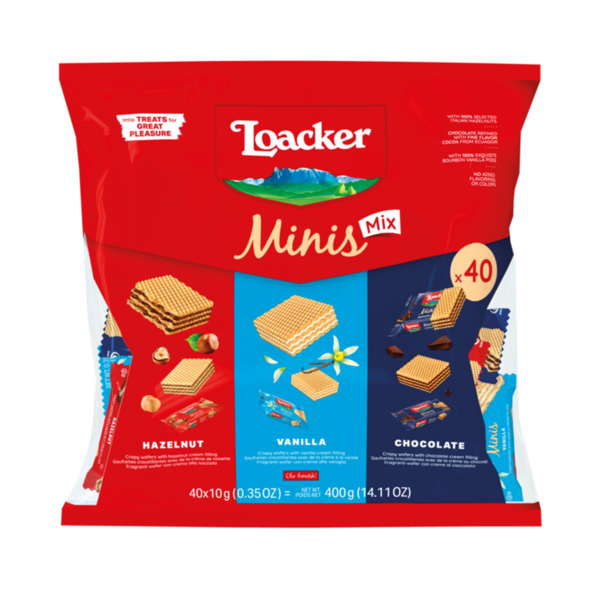 Loacker Minis Waffelkekse Mix (400g) • 40 einzeln verpackte Mini-Waffeln • Knusprige Waffeln mit Haselnuss, Vanille & Kakaocreme • Ideal zum Teilen & Snacken
