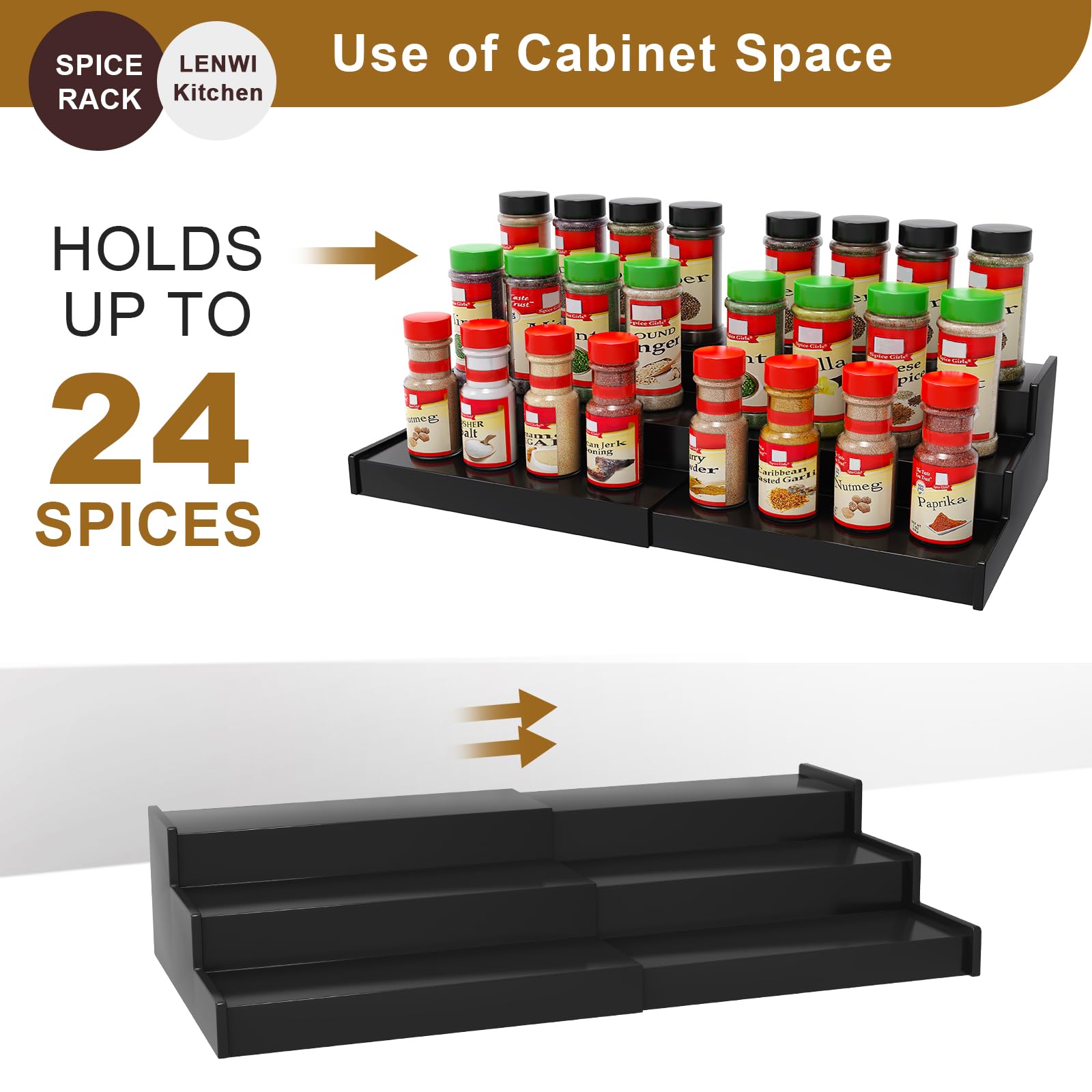 Lenwi Organizador de especias para gabinete, almacenamiento de especias de bambú expandible de 3 niveles, ideal para armarios de cocina, armarios, despensas y más (negro)