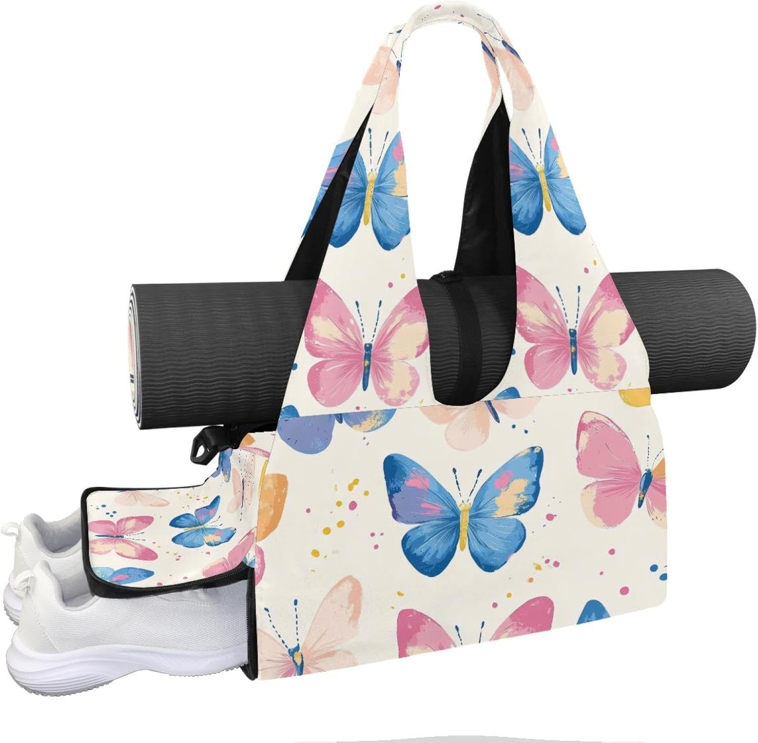 Yoga Mat Bag, Gym Workout Bag with Shoe Compartment, Butterflies Mint Green Pilates Bag for Women, Quick Access Storage Yoga Tote Bag for Sports Travel Office