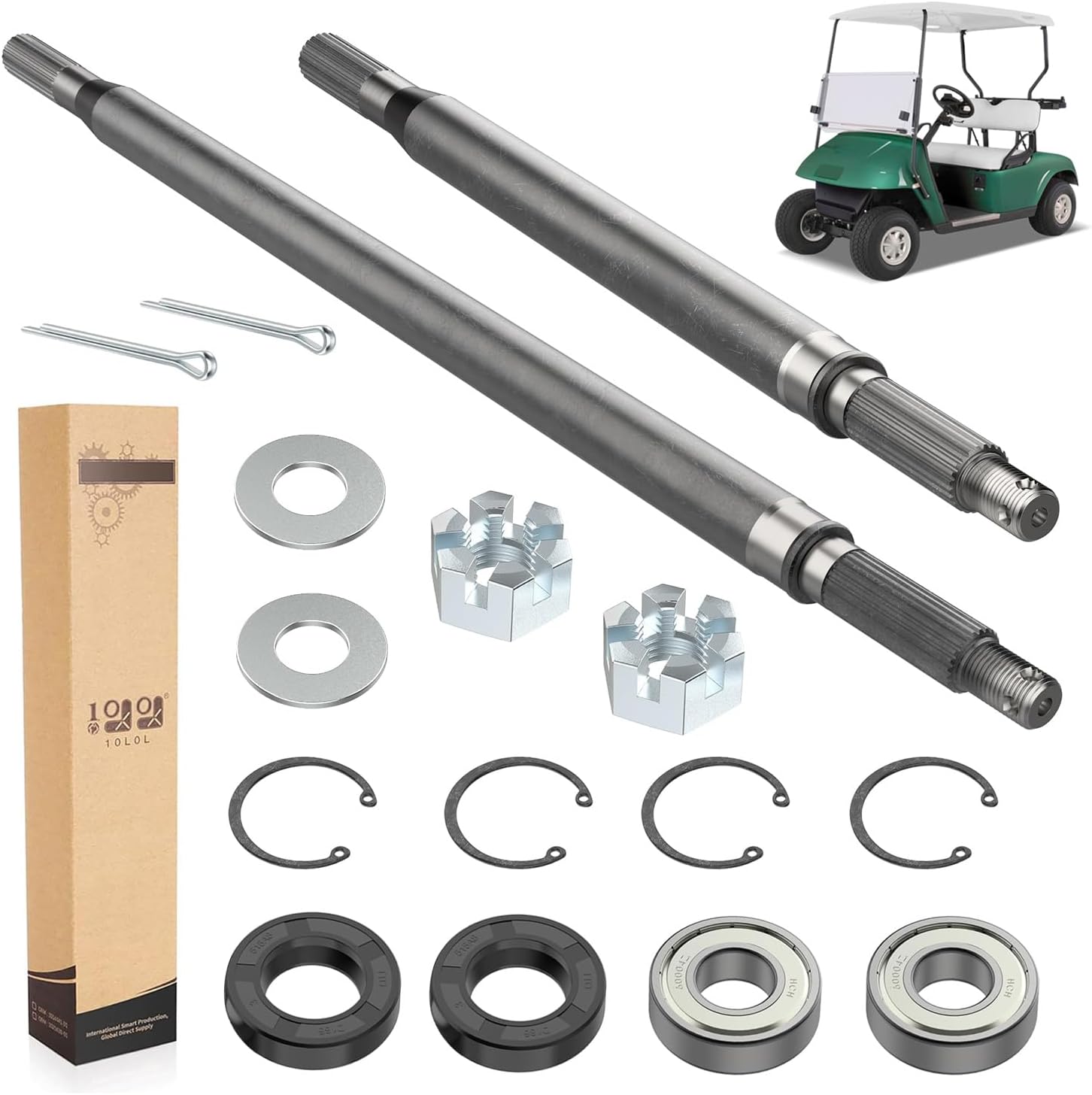 10L0L OEM# 20377G11 20377G12 Golf Cart Rear Splined Axle Shaft with Bearing Seal Kit fit EZGO TXT Medalist Electric 1994-2013 (Driver Side+Passenger Side)