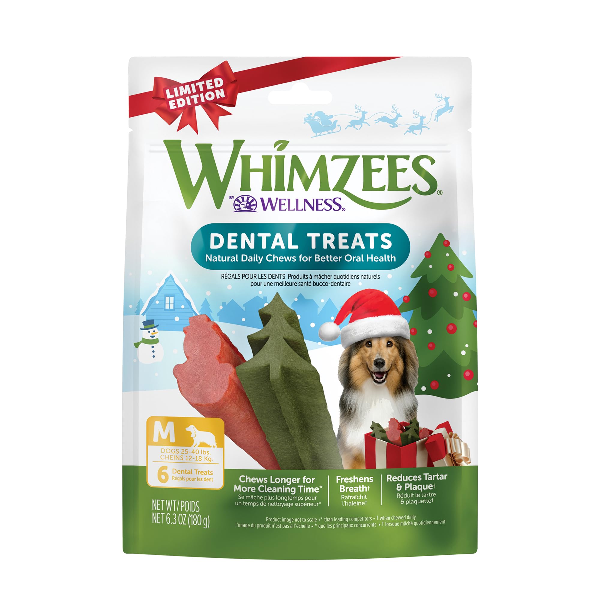 Wellness Holiday Dog Dental Treats, Christmas Gift for Dogs, Size Medium Stick, (6 Count)