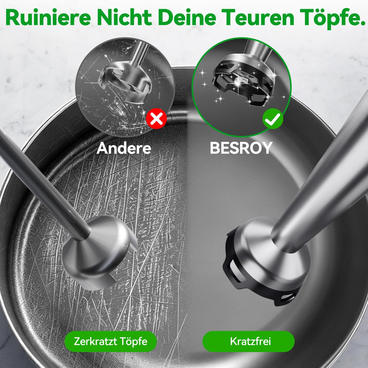 BESROY Stabmixer Set 5 in 1, 1100W Pürierstab Elektrisch, Edelstahl Hand Blender inkl. Häcksler, Schneebesen, Milchaufschäumer & Messbecher