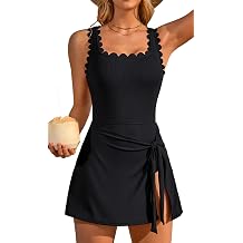 Charmo One Piece Swim Dress Modest Swimsuits Women Bathing Suit with Skirt | Square Neck,Scalloped,Wrap Tie-Waist,Built-In Briefs,Adjustable Straps,Removable Pads,Ribbed,Stretch Fabric,Full Coverage