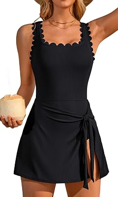 Charmo One Piece Swim Dress Scalloped Square Neck Modest Swimsuits for Women Tummy Control Bathing Suit with Skirt