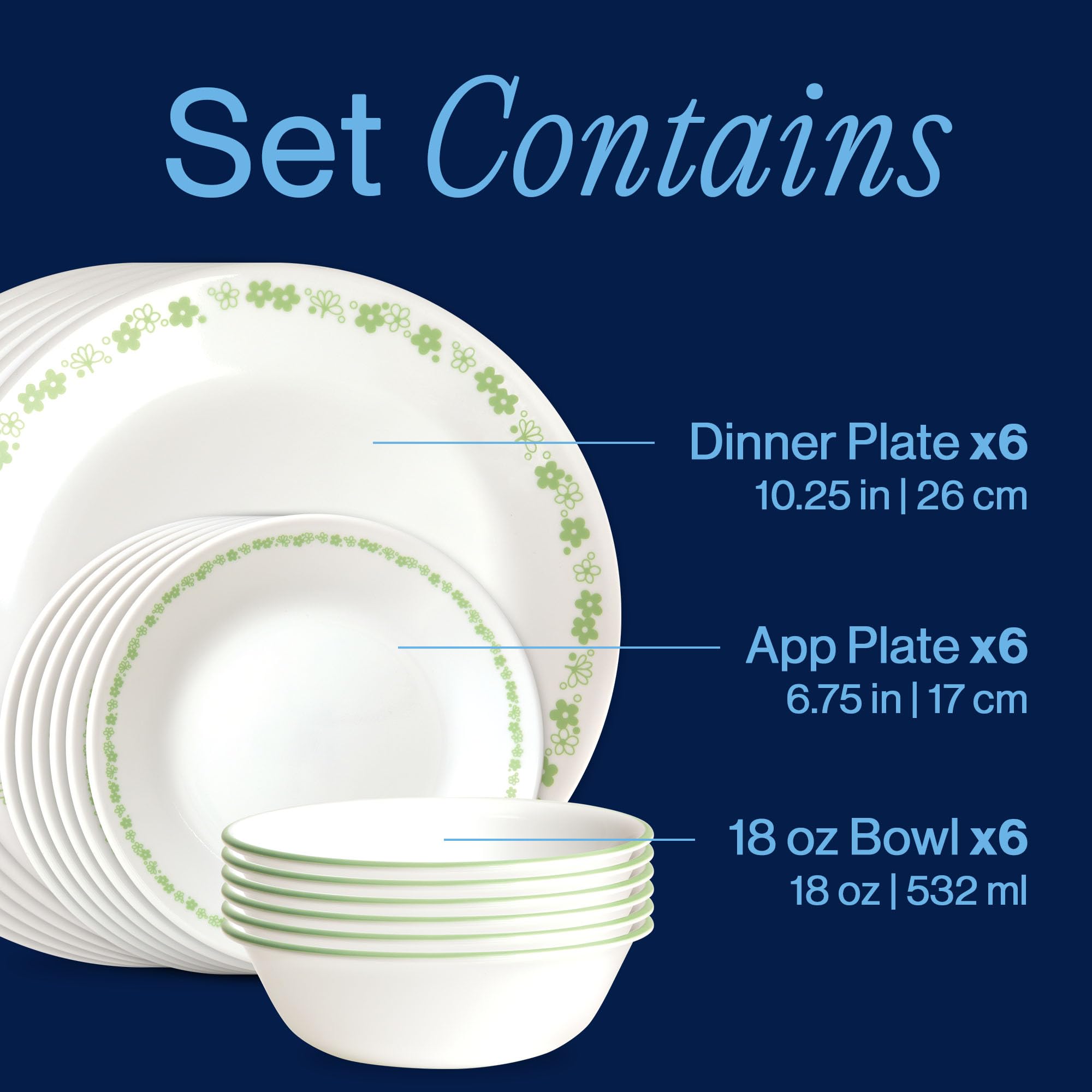 Corelle Vitrelle - Juego de vajilla de vidrio de 18 piezas, servicio para 6, juego de platos y cuencos de vidrio de triple capa resistentes a astillas y grietas, verde flor de primavera