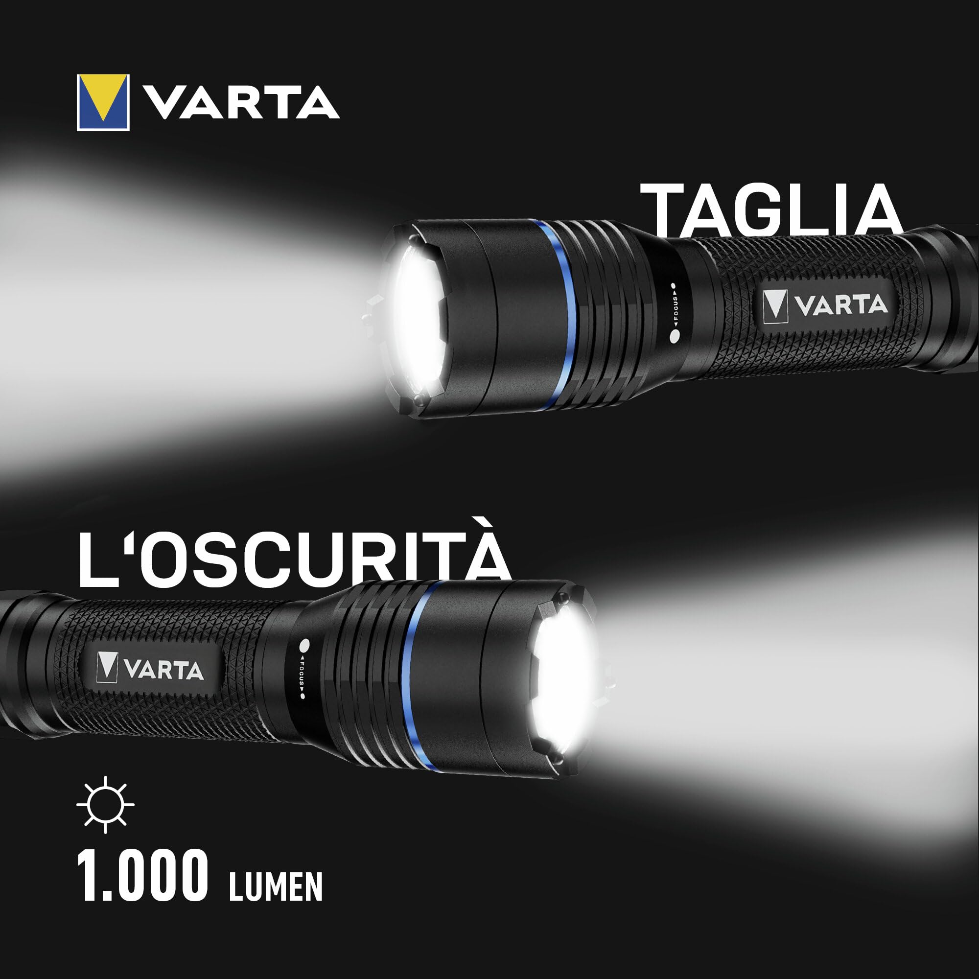 VARTA Torcia tattica LED, Night Cutter Pro F20R Tactical, 1000 lm | 5 modalità di luce, funzione rompivetro, IP67, alluminio aeronautico, USB C, fondina da cintura, ricaricabili