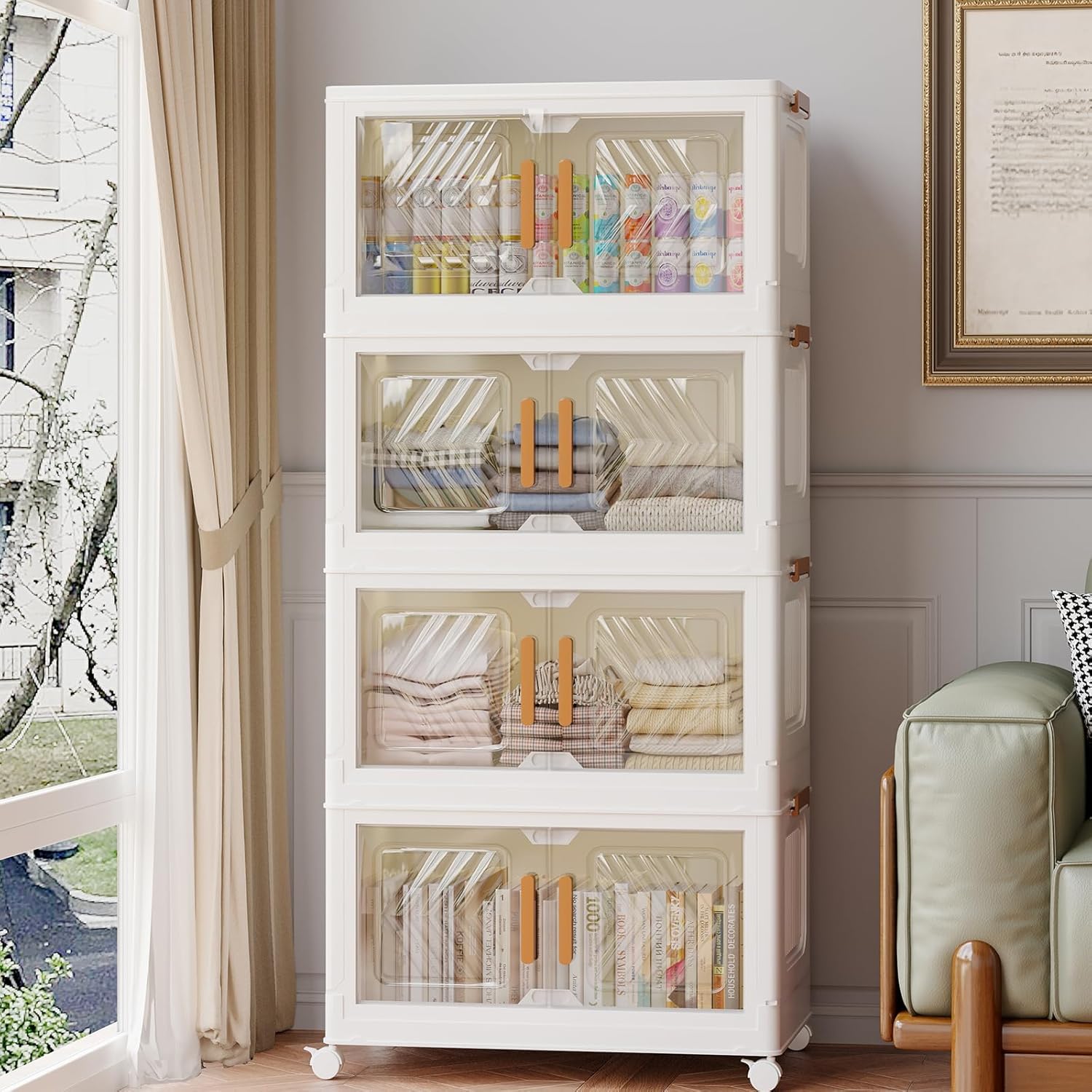 SUPERLELE Storage Shelves with Drawers 96QT Storage Bins with Lids, Closet Organizers and Storage, Folding Storage Box with Wheels, Plastic Stackable Storage Bins Open Front for Home, Office, Kitchen