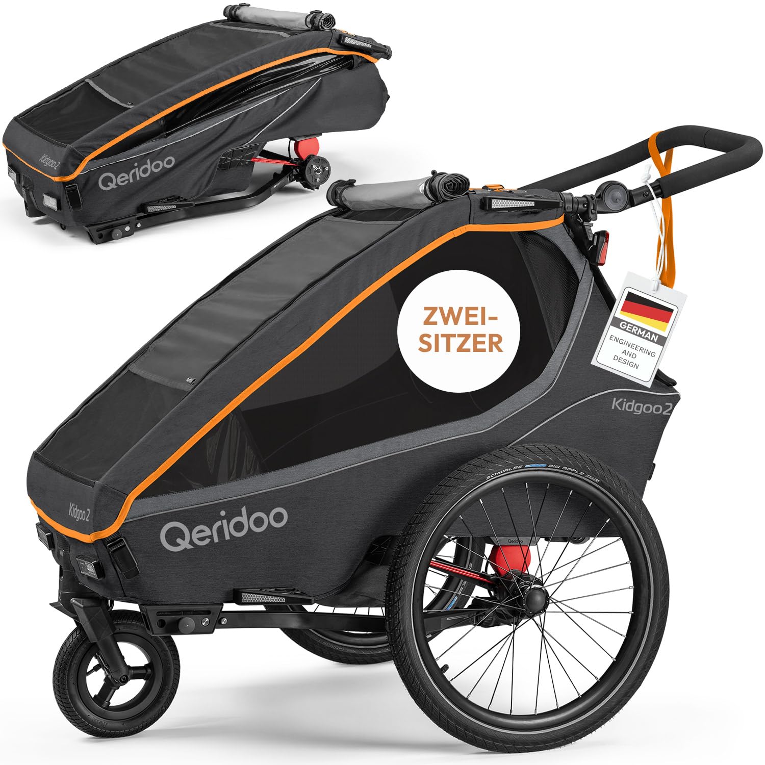 Qeridoo Kidgoo 2 FIDLOCK Edition | Kinderfahrradanhänger 2 Kinder | Fahrrad Anhänger mit Federung & FIDLOCK Gurtsystem | Jogger Kinderwagen | Fahrradanhänger klappbar | Kinderbuggy 45L | Bike Trailer