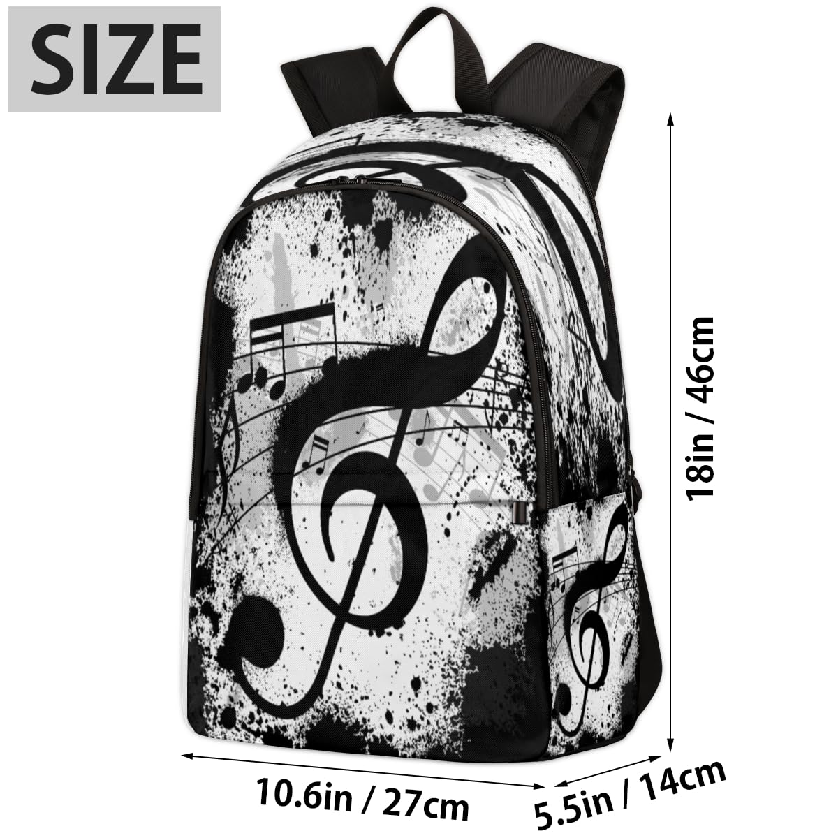 TropicalLife Noten-Rucksack für Herren, Damen, Mädchen, Jungen, Kinder, schwarz, Musiknoten, lässiger Rucksack, 17,4 l, Rucksack, Schule, Büchertasche, Reisen, Laptop-Tasche, Tagesrucksack, farbig,