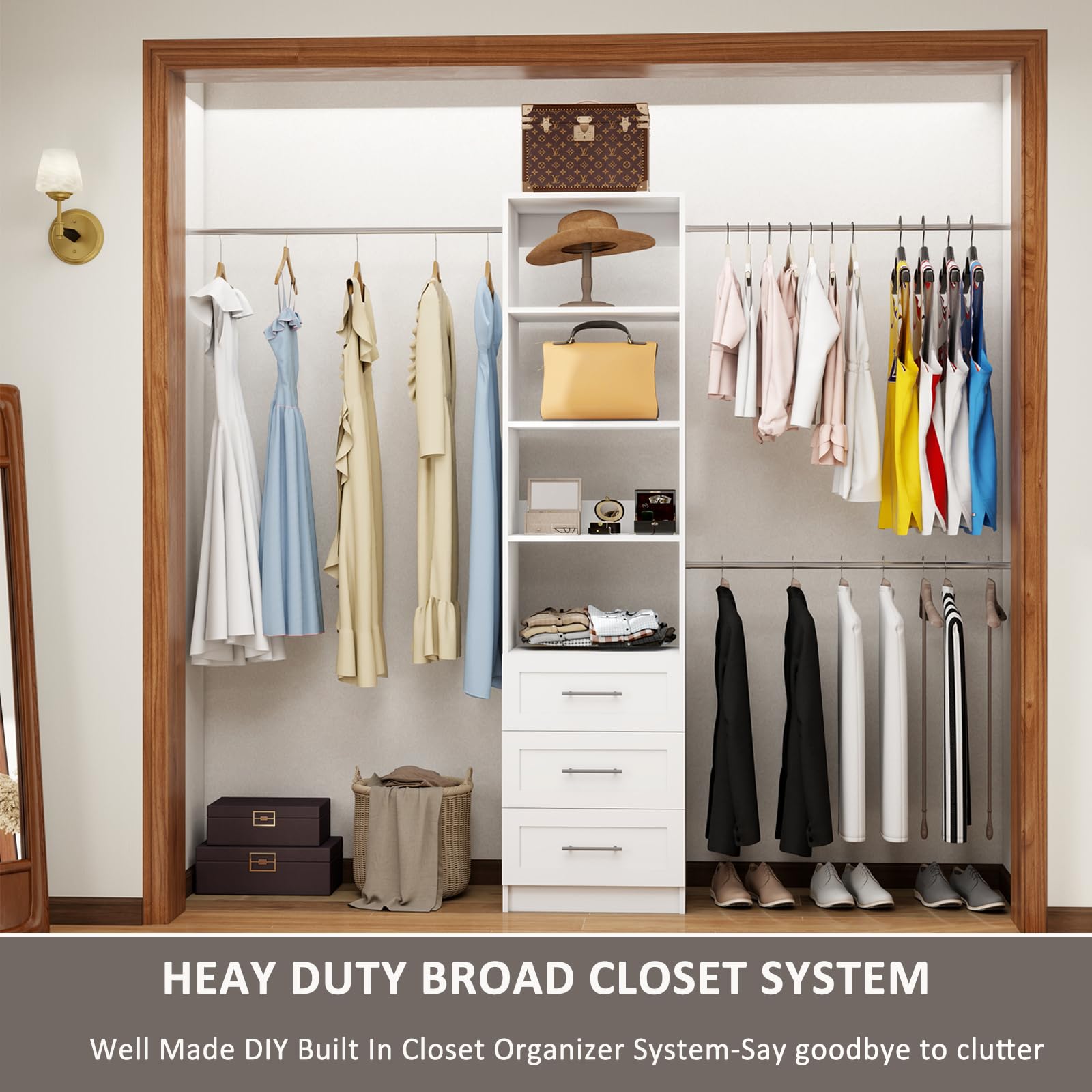 Morning Tree Closet Organizer SyStem with Drawers, 4-8FT Walk-In Closet System with 4 Expandable Hanging Rods, 4 Shelves, Closet Systems for Walk-In Closets, Wall Mount Closet Storage System White