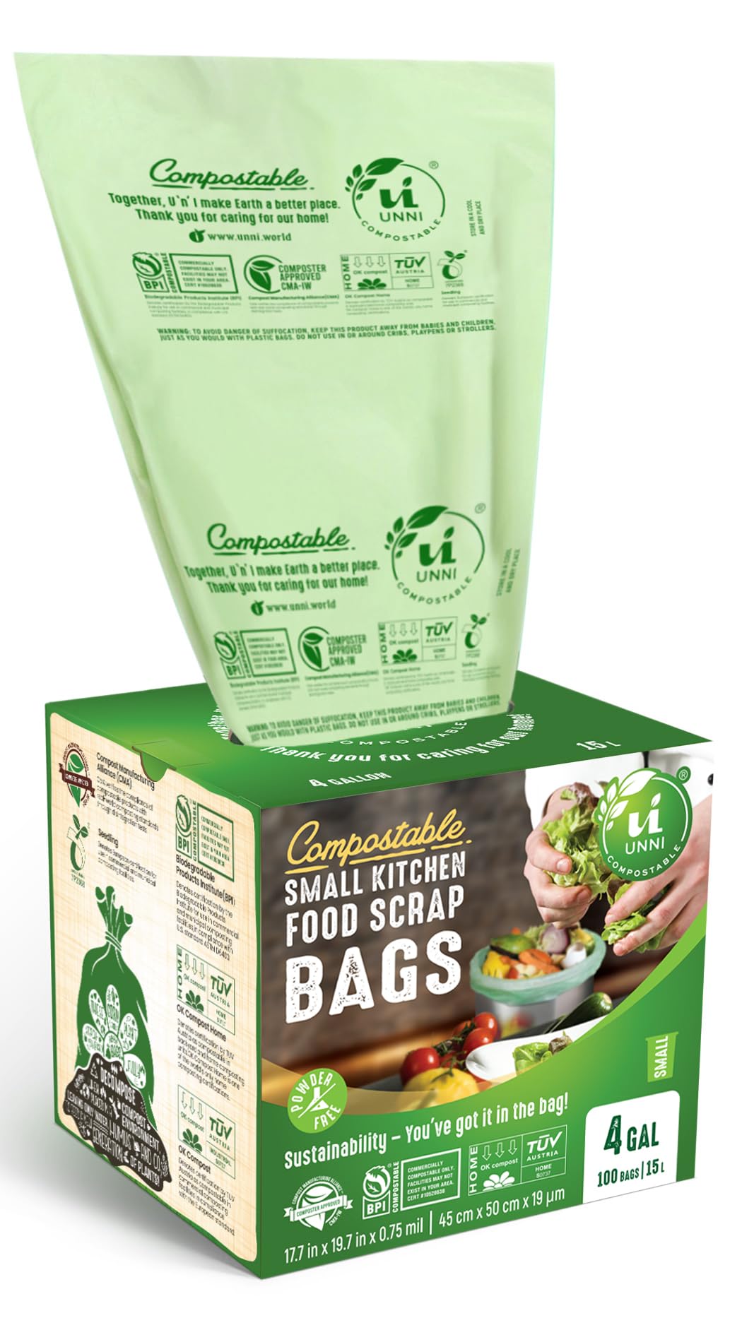 UNNI Compostable Liner Bags, 4 Gallon, 15 Liter, 200 Count, 0.75 Mil Extra Thick, Food Scrap Bags for Small Bins, ASTM D6400, US BPI, CMA and Europe OK compost HOME Certified, San Francisco