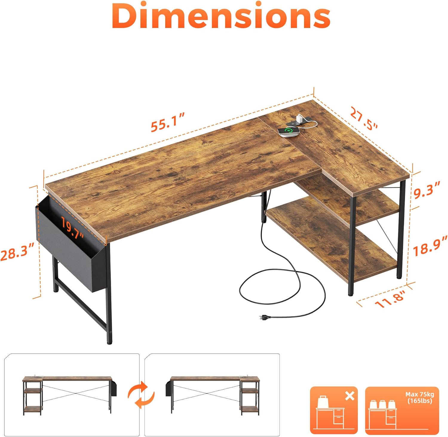 mericonia small l shaped computer desk with power outlets, reversible gaming desk with storage shelves, corner gamer desk table, study writing table brown 54 inch