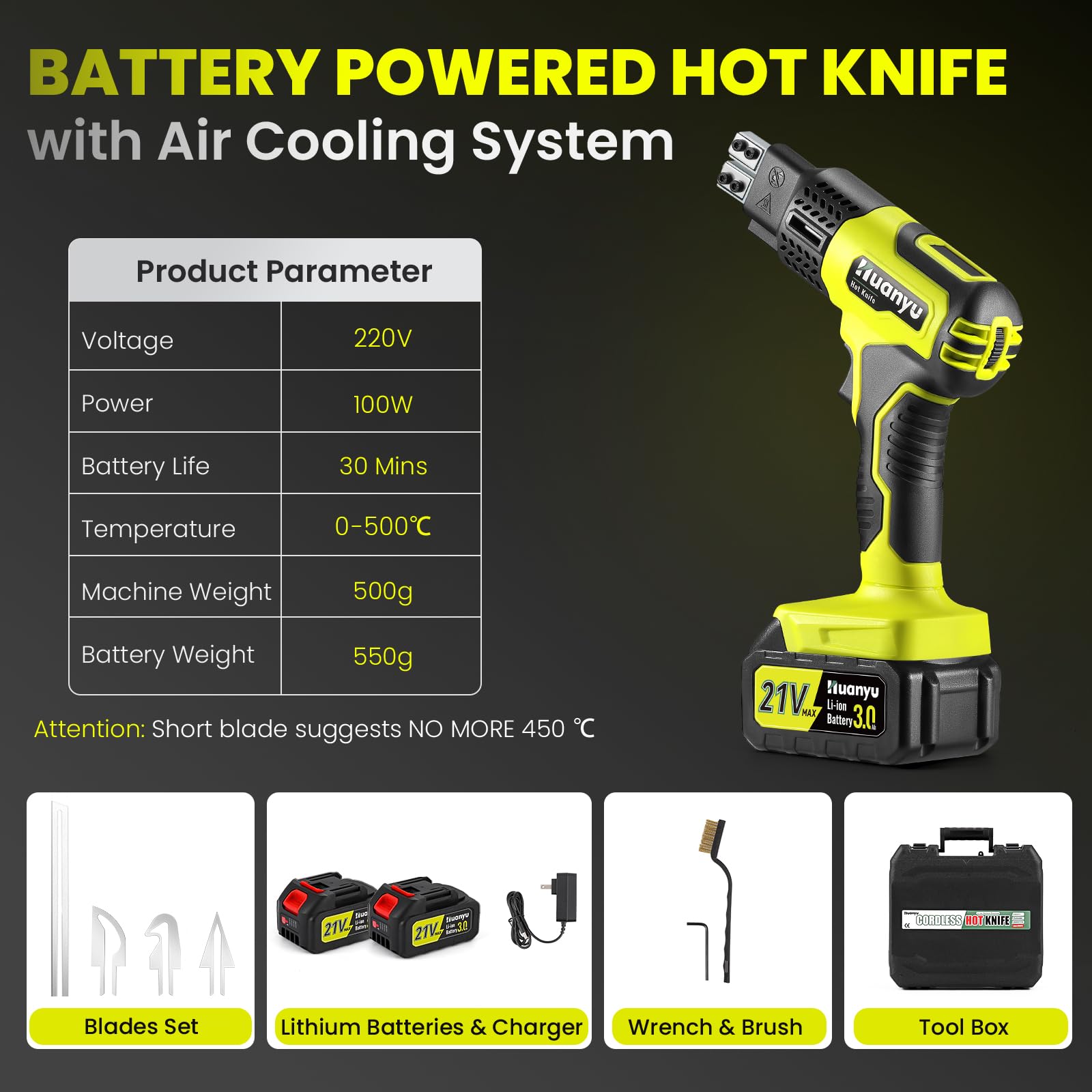 Huanyu Schnurloses Heißmesser mit 4 Klingen 100W Elektrisches Heißmesser mit Temperaturanzeige 500℃ Max 3.0Ah Batteriebetriebenes Luftkühlendes Heißmesser für Styropor, Seil und Stoff (4 Klingen)