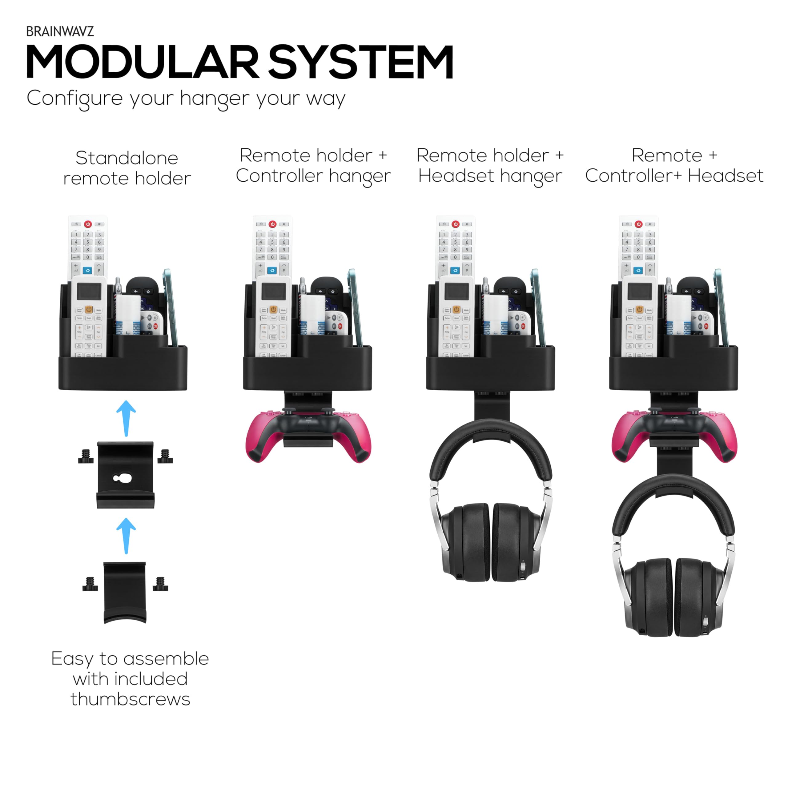 BRAINWAVZ Organizer da parete per telecomandi e videogiochi, supporto per telecomandi/mobile con ganci rimovibili per cuffie e controller – Adatto per PS5, Xbox, TV e telecomandi in streaming