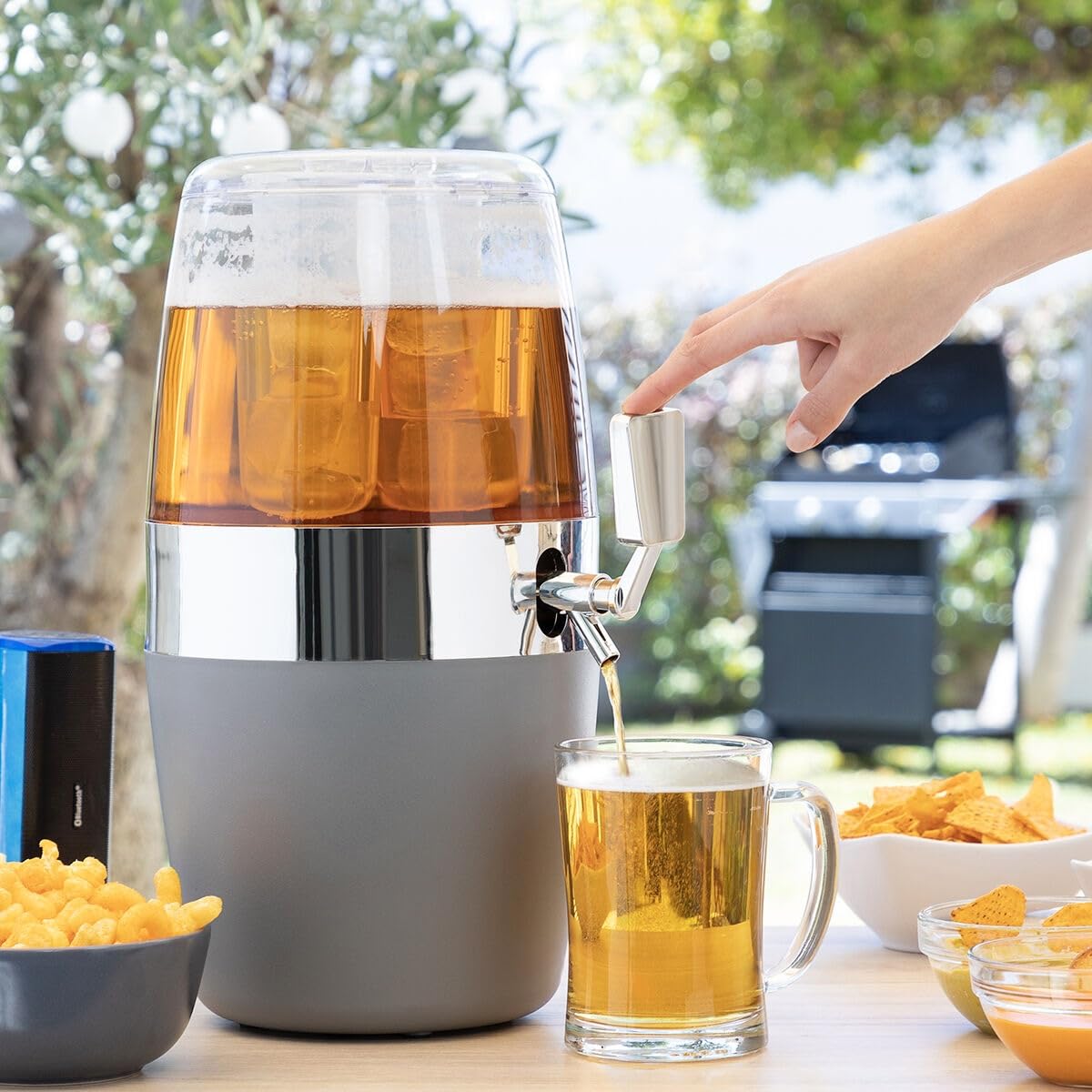 Dispensador de bebidas refrigerante 4 L con grifo antigoteo, doble bandeja de hielo extraíble fuente de bebida transparente, depósito refrigerado para cócteles, jirafa cerveza, sangría, té helado