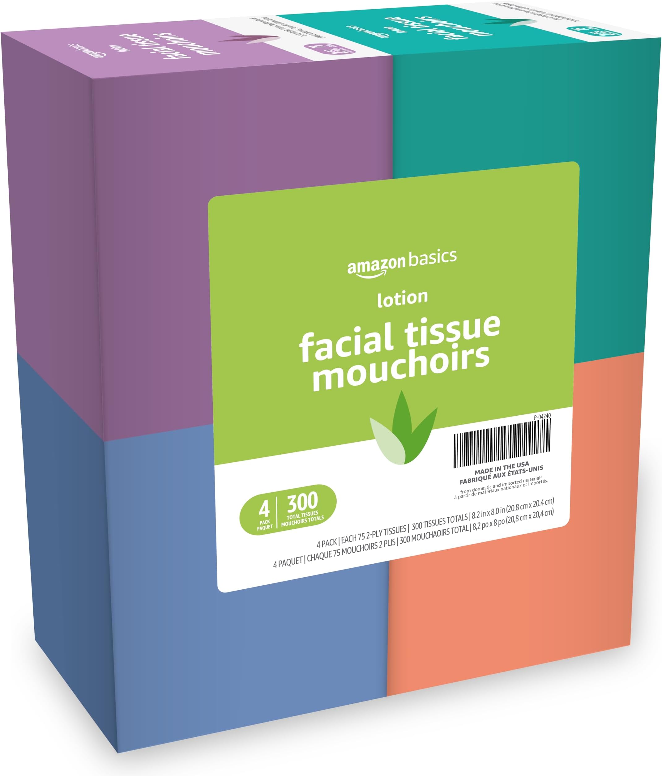 Facial Tissues with Lotion, 2-Ply, 300 Count (4 Boxes, 75 Tissues per Box), Packaging May Vary