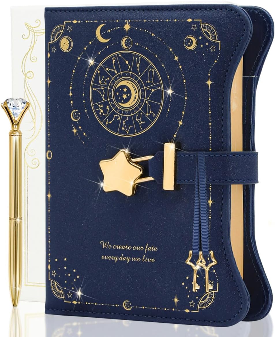 Diary with Lock and Keys for Girls and Women, Locking Diary for Gift Ideas with Gift Box and Pen and Bookmark, Journal for Women with 360 Kraft Pages, B6 Refillable Notebook with Lock for Writing (Midnight Blue)
