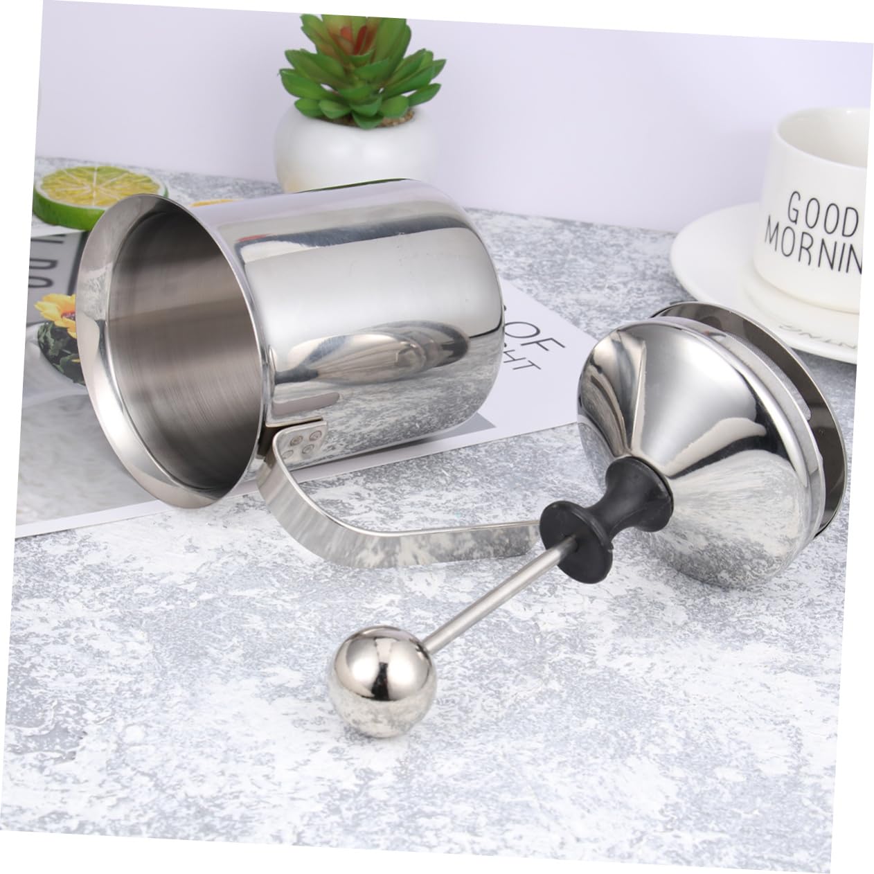 SOLUSTRE Espumador de Leche Manual Doble Malla de 400ml de Acero Inoxidable Resistente al Desgaste Óxido para Preparar Crema de Leche en Casa