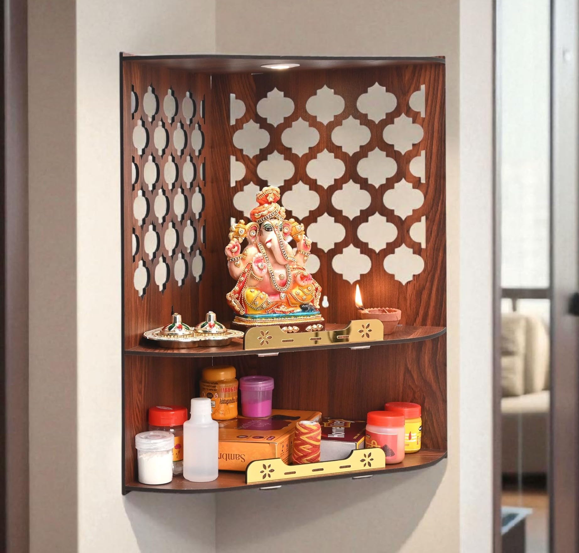 Gift Kya De Wooden Corner Pooja Mandir for Home & Office | Wall Mounted Pooja Stand with LED Light | GKD Compact Wooden Temple for Wall Corner, Devghar for Desk (H-17 x W-10 x L-15 Inch)-image-47