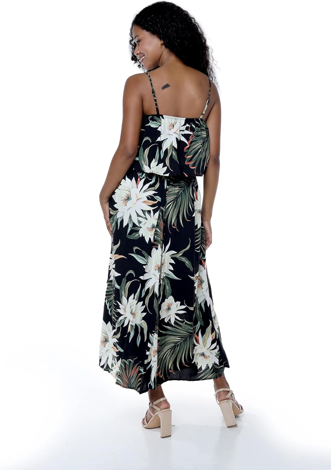 Matchable Couple Hawaiian Luau Shirt or Maxi Ruffle Dress in Wispy Cereus Black
