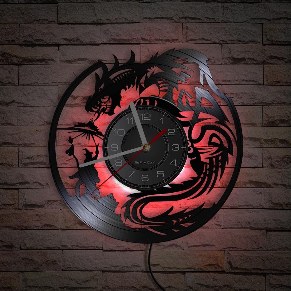 Horloge murale en vinyle avec motif dragon volant dans le ciel et télécommande LED pour les amateurs d'anime