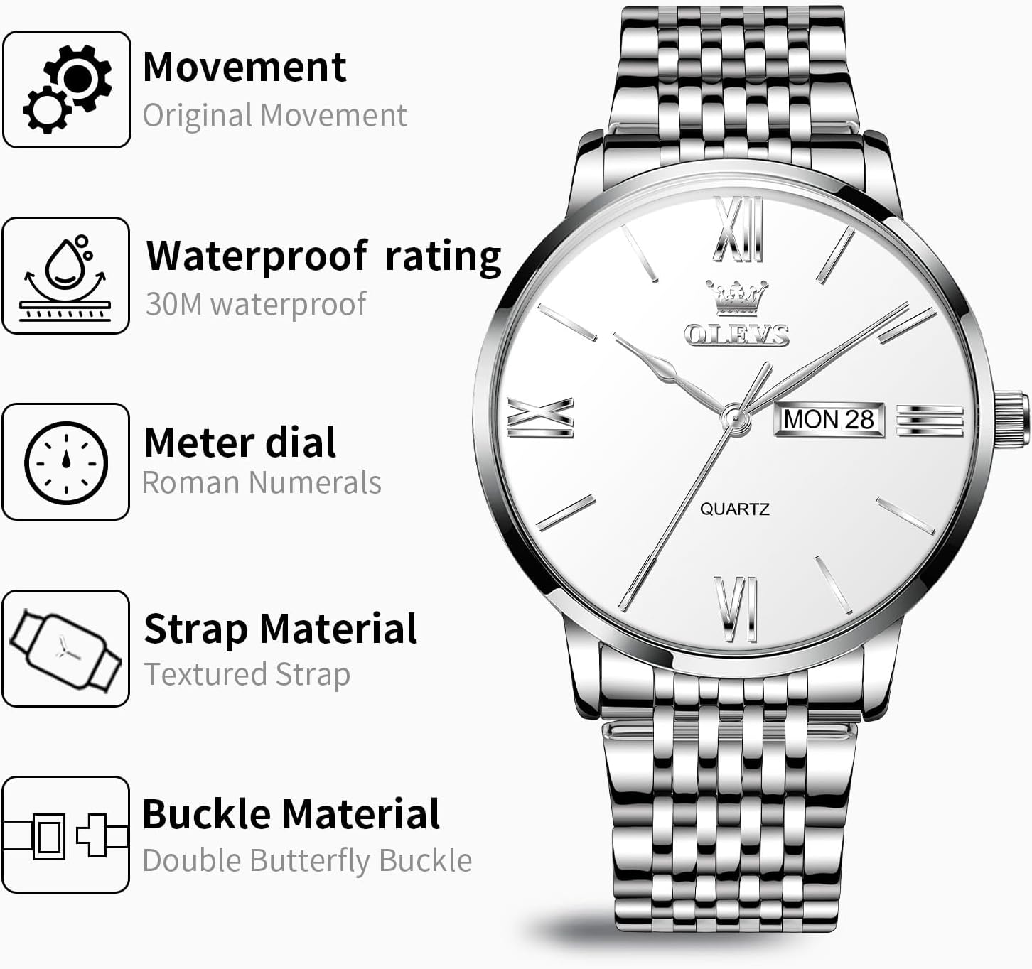 OLEVS Men’s Watches Waterproof Dress Minimalist Analog Quartz Stainless Steel Casual Men’s Wrist Watch with Day Date, Classic Luxury Elegant Roman Numerals Dial Big Face Relojes para Hombres - Image 4