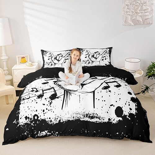Juego de cama con funda de edredón de música rock, temática musical, funda de edredón con estampado de notas musicales, tamaño Queen, juegos de ropa