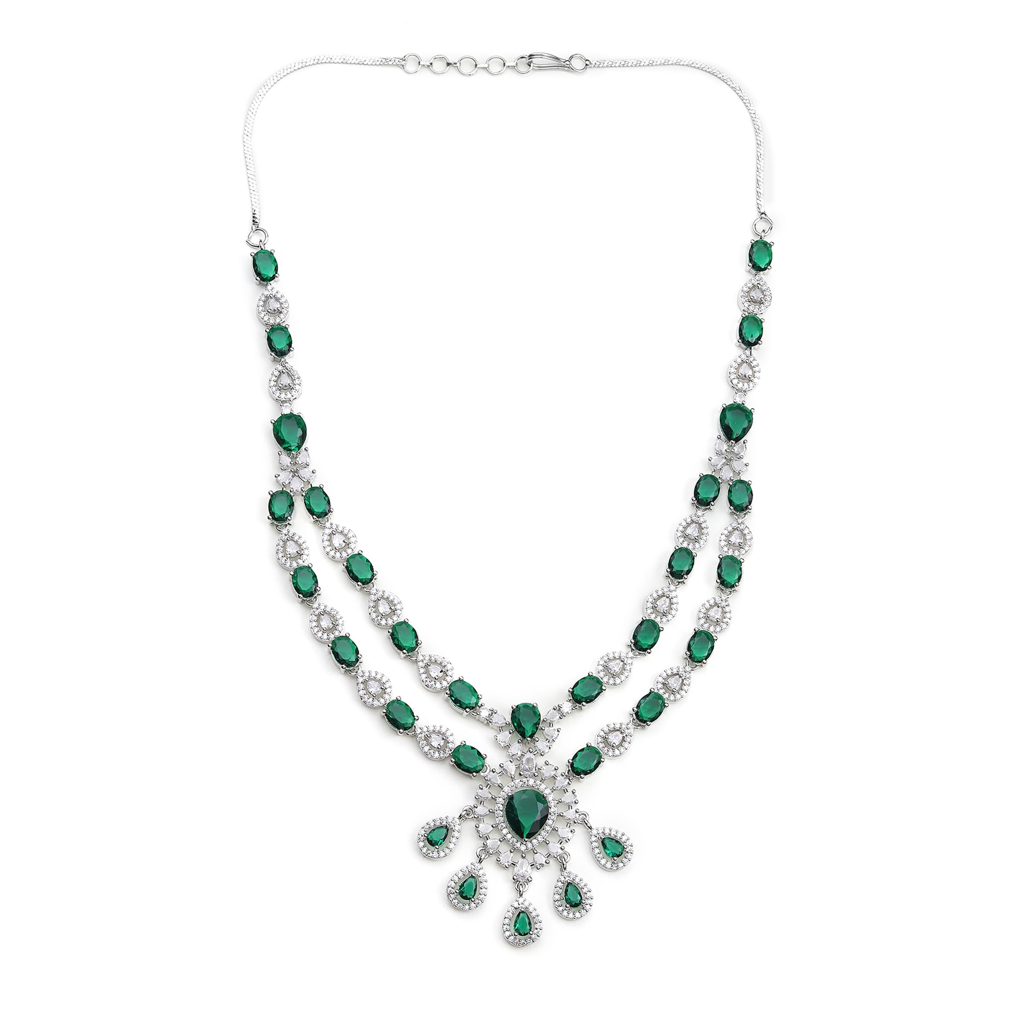 FANCYFIND American Diamond Studded Necklace With Earring | Rhodium-Plated American Diamond Studded Trendy Necklace Detailing Jewellery Set For Women And Girls (Crystal Pearl Green) (B0D9CXCNFR) Amazon Price History, Amazon Price Tracker