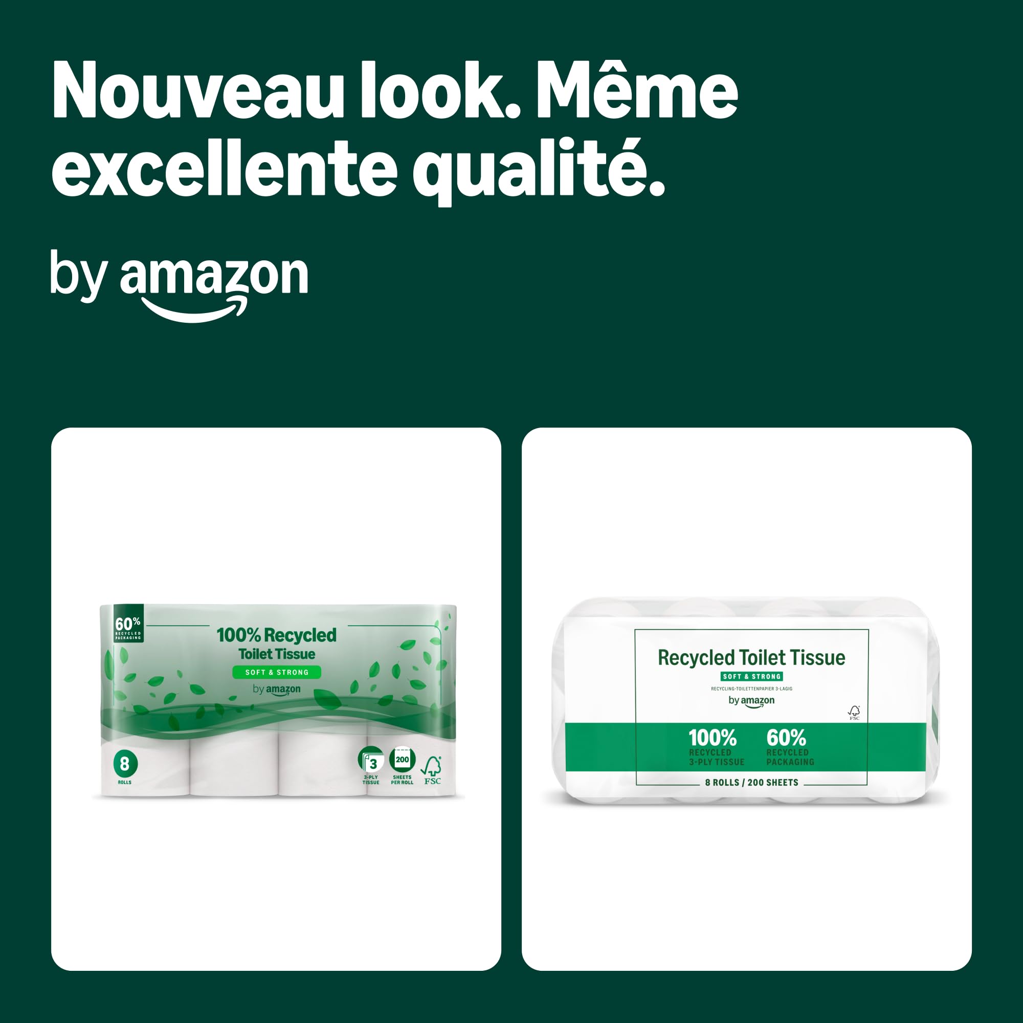 by Amazon Papier Toilette, 3 Épaisseurs 100 % Recyclé, Doux et Résistant, 48 Rouleaux (6 Paquets de 8), 200 Feuilles par Rouleau, Certifié FSC