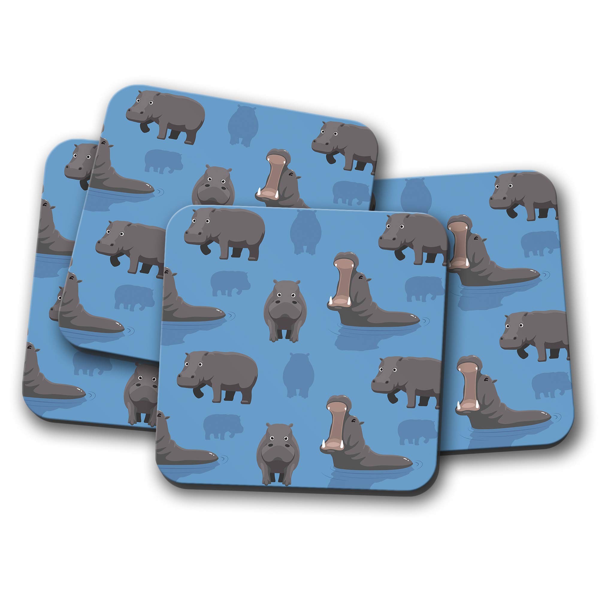 Destination Vinyl Ltd Multicolor 4 Set - Hippopotamus Print Coaster - Hippo Funny Animal Zoo Kid #15803
